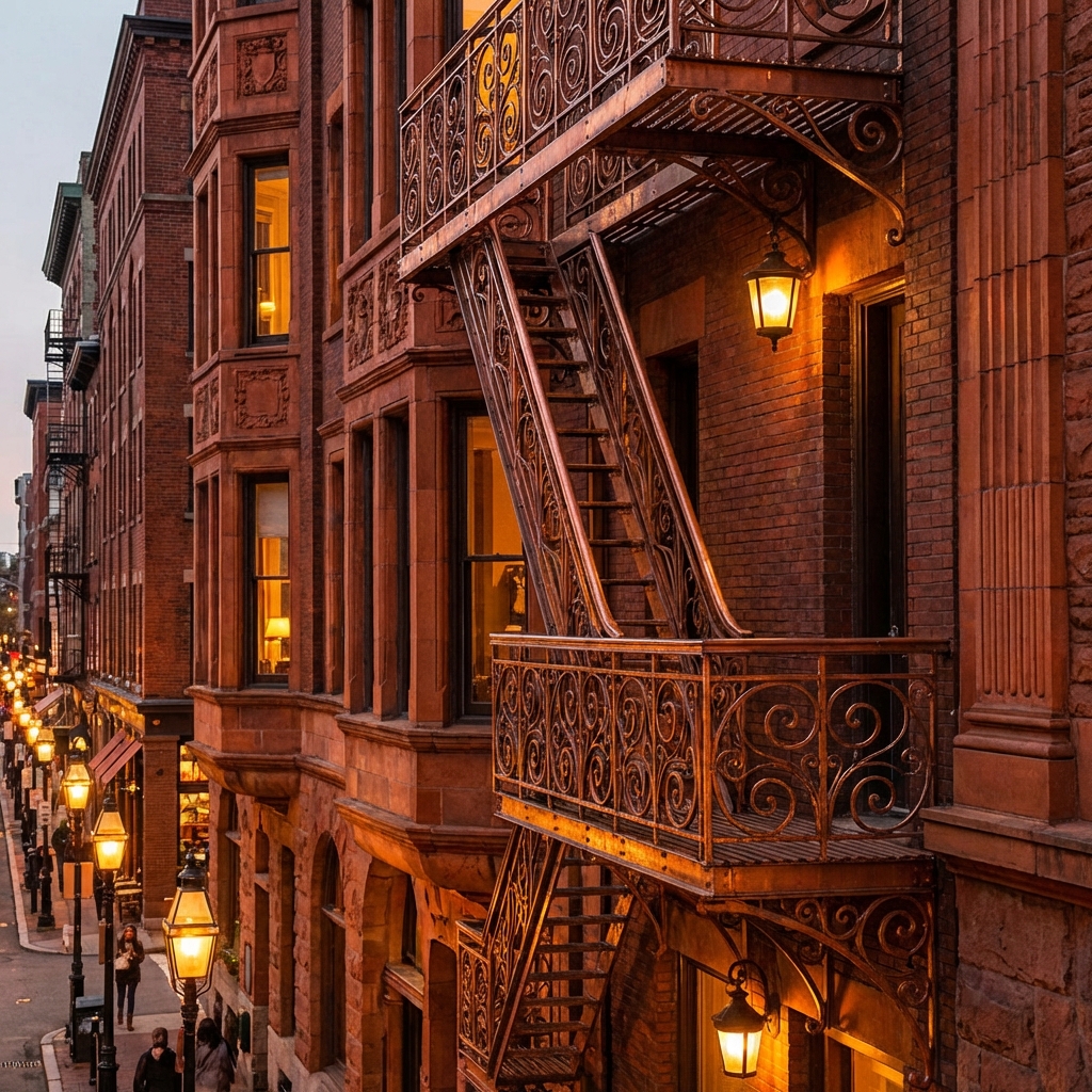 Akşam ışığında estetik yangın merdiveni mimarisi