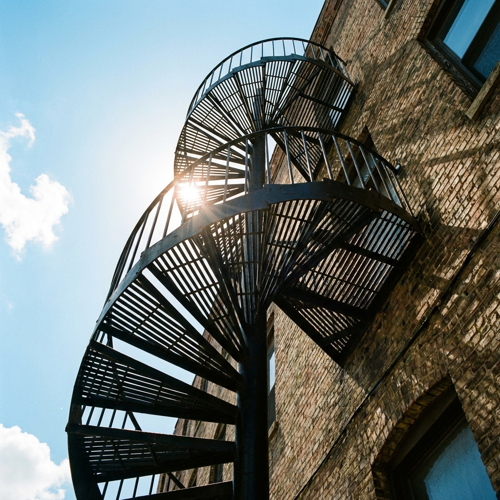 Tuğla binada dairesel spiral yangın merdiveni