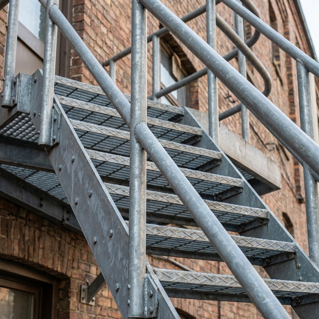 Yangın merdiveni metal ızgara basamakları ve korkuluk detayı